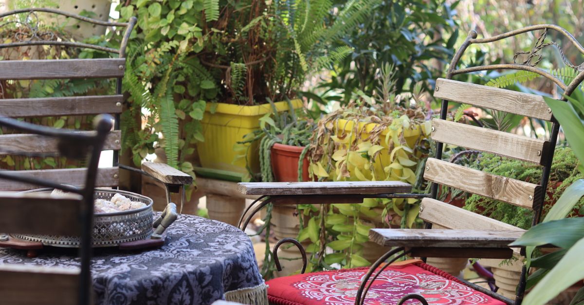 Outdoor garden patio seating area at residential home